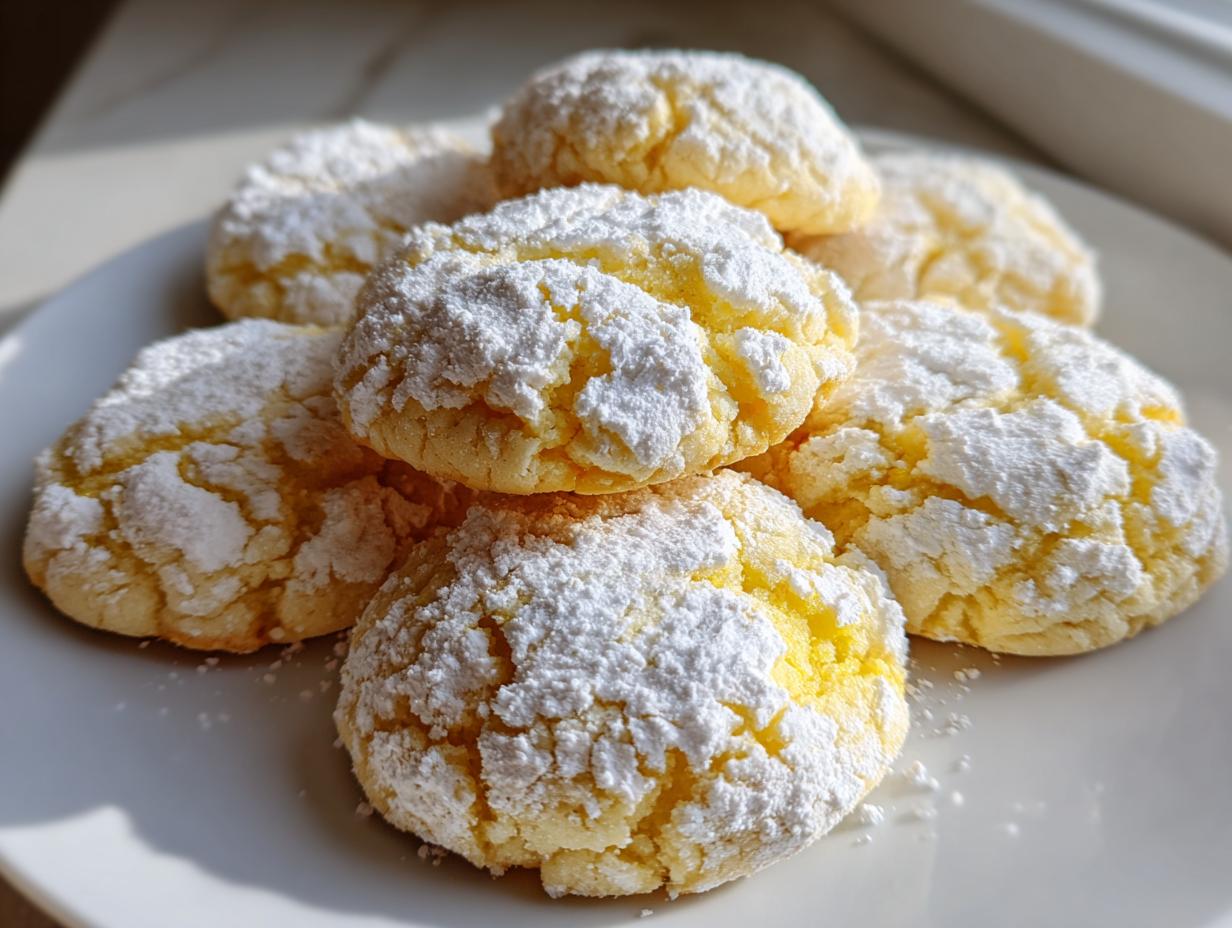 A stack of bright yellow lemon crinkle cookies heavily dusted with white powdered sugar, sitting on a white plate.