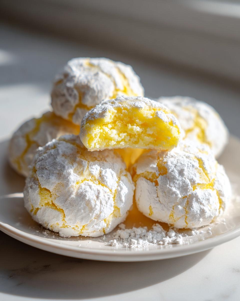 A stack of bright yellow lemon crinkle cookies heavily dusted with powdered sugar, one cookie is broken in half.