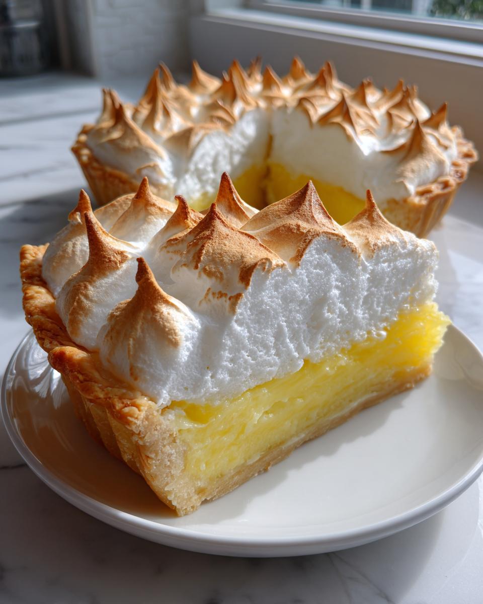 A thick slice of lemon meringue pie showing layers of crust, bright yellow filling, and dramatically toasted meringue peaks.