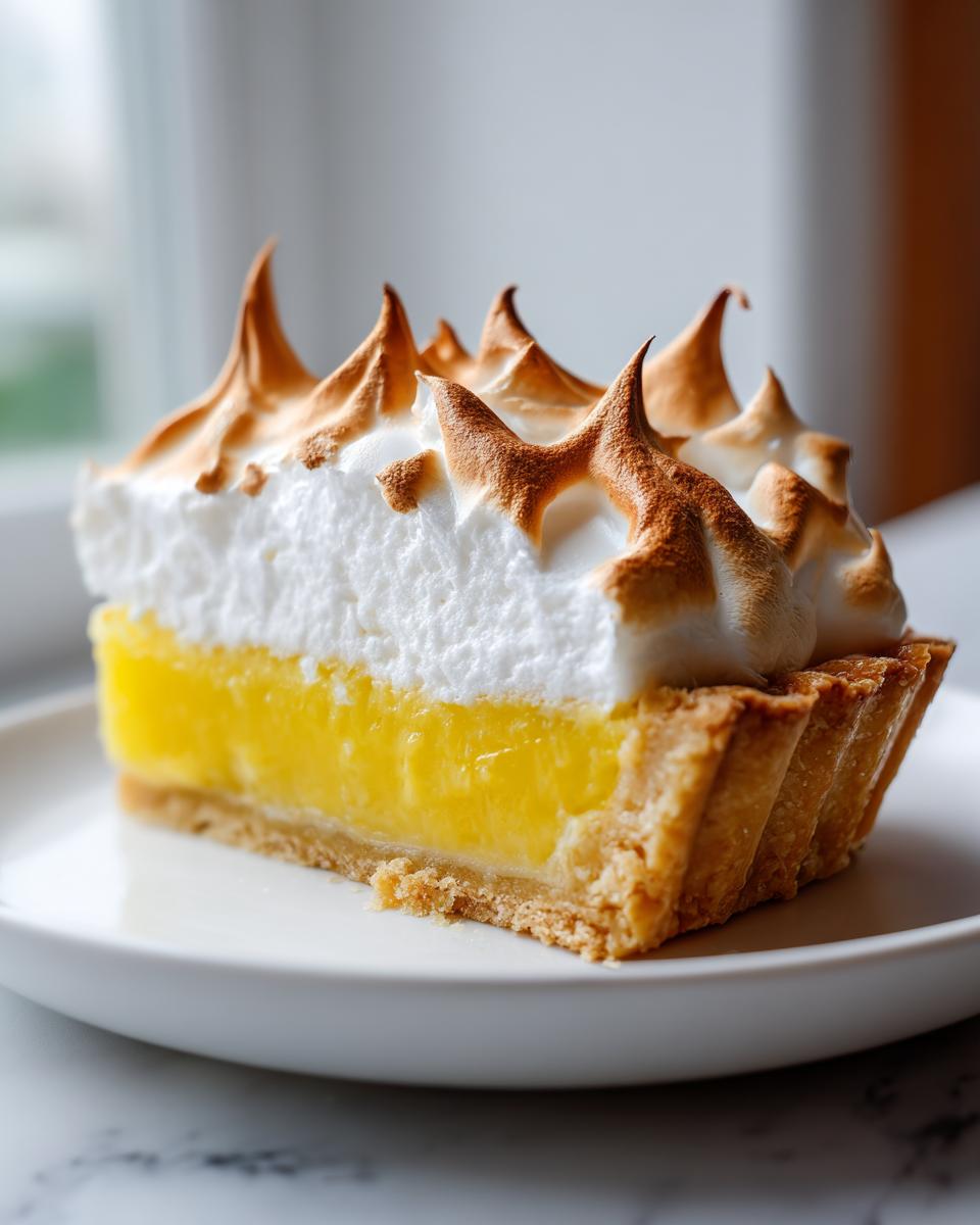 Close-up of a slice of lemon meringue pie showing bright yellow curd, crust, and perfectly torched meringue peaks.