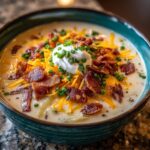 A close-up of a bowl of rich Loaded Baked Potato Soup topped with shredded cheddar, bacon bits, sour cream, and chives.