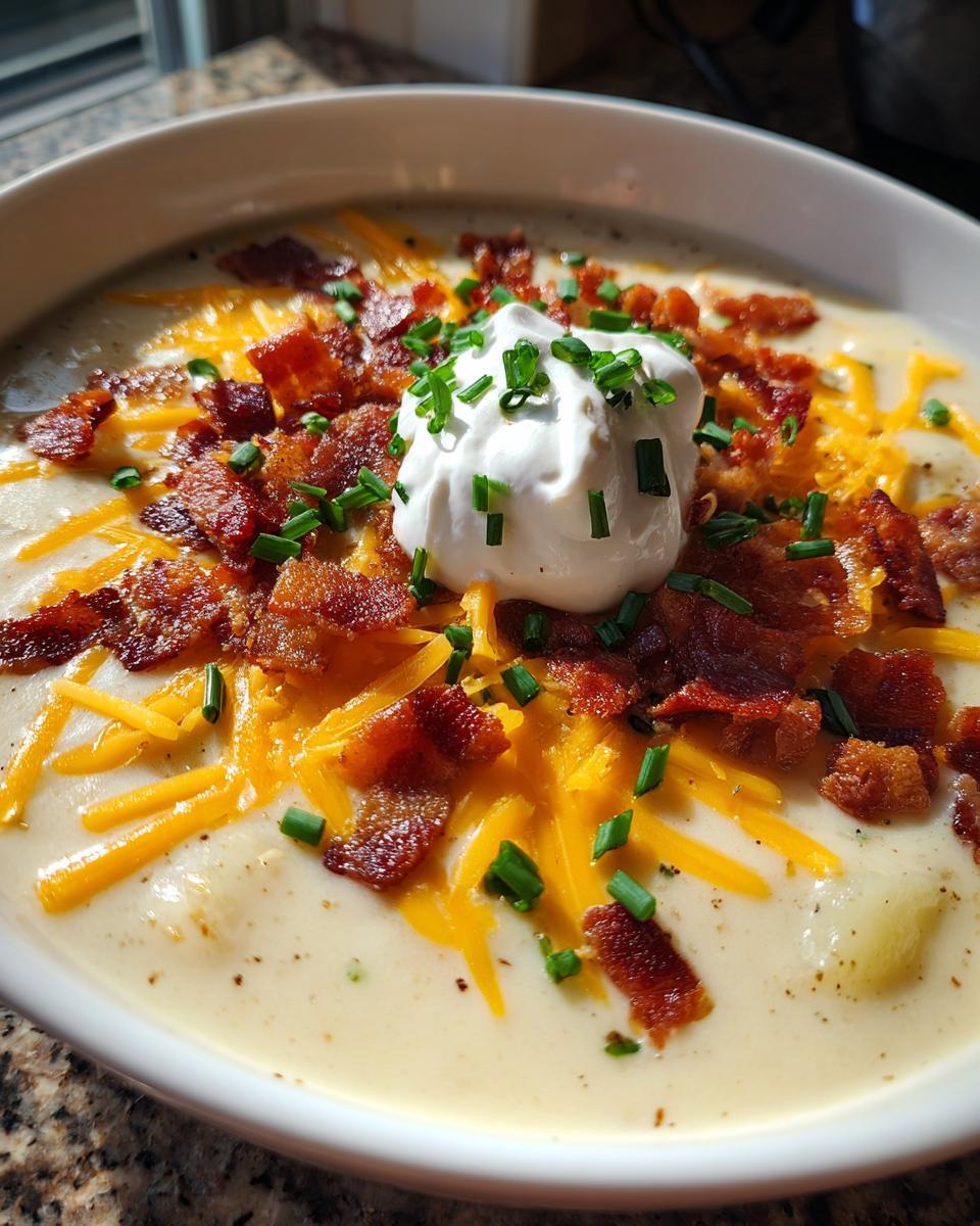 A close-up of creamy Loaded Baked Potato Soup topped with shredded cheddar, bacon bits, sour cream, and chives.
