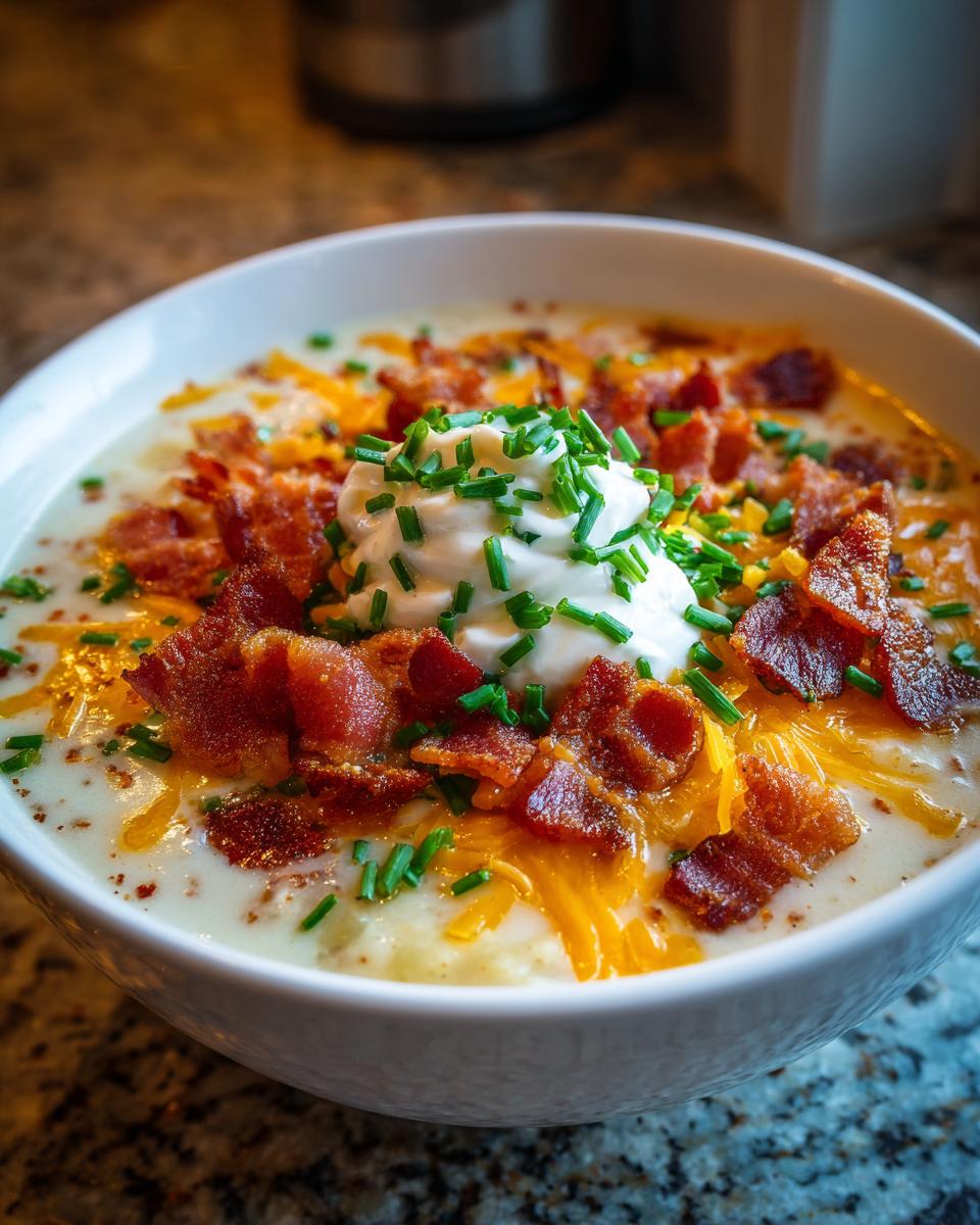 A rich bowl of Loaded Baked Potato Soup topped with sour cream, bacon, cheddar cheese, and chives.