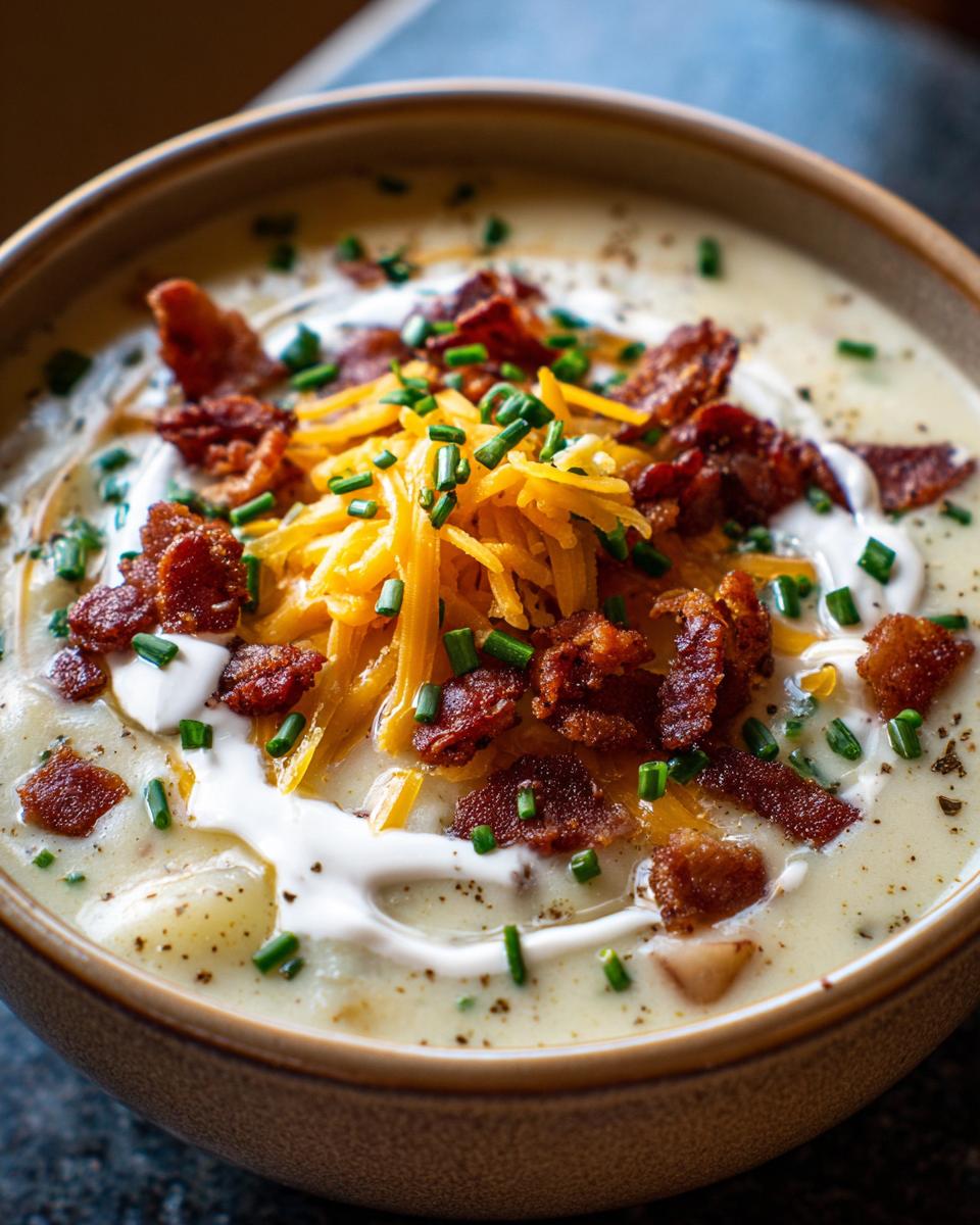 A close-up of a bowl of creamy Loaded Baked Potato Soup topped with shredded cheddar, bacon bits, sour cream, and chives.