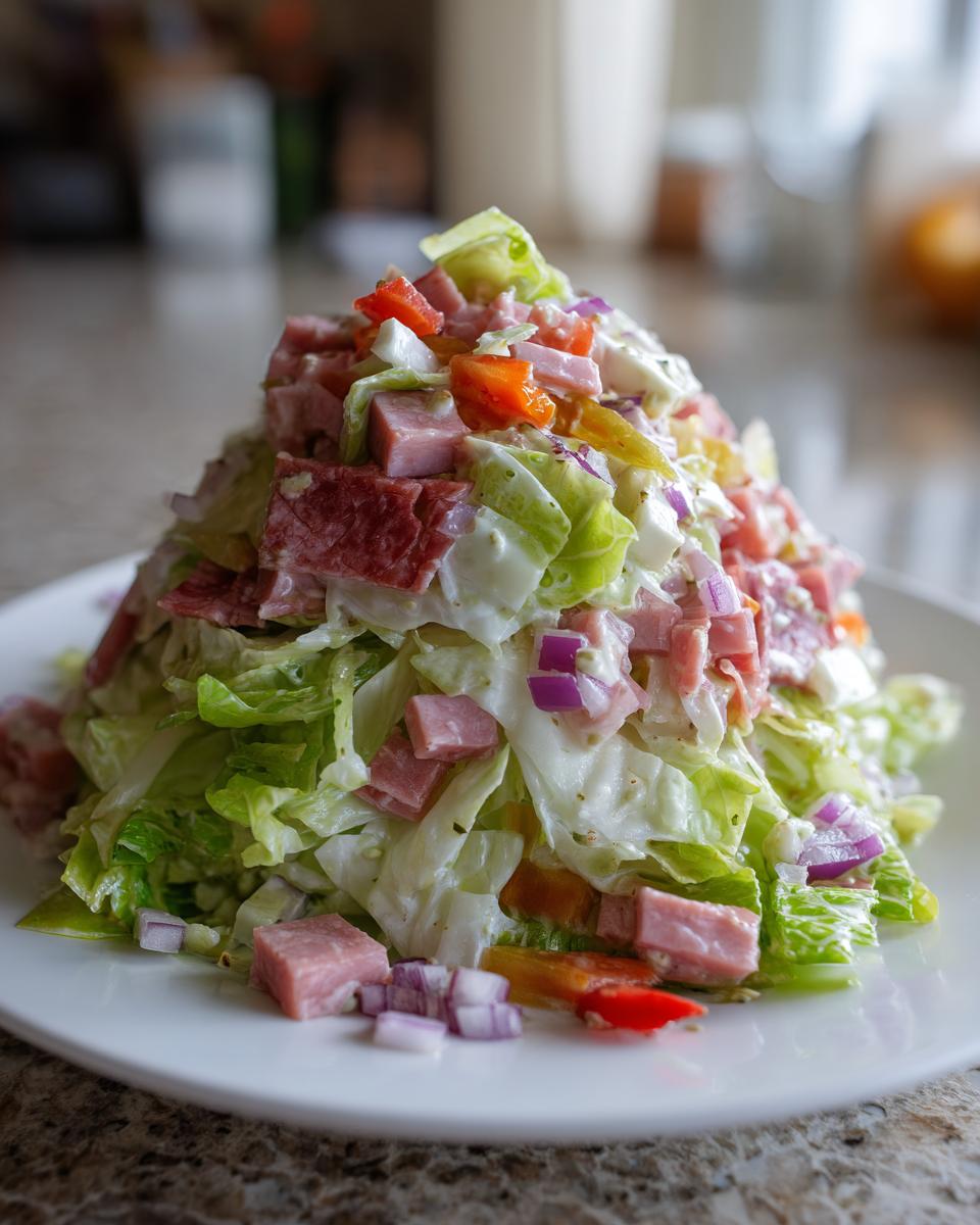 A tall mound of chopped iceberg lettuce, diced ham, salami, and red onion tossed in dressing, representing a grinder salad.
