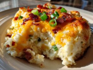 A close-up serving of creamy mashed potato casserole topped with melted cheddar cheese, bacon bits, and green onions.