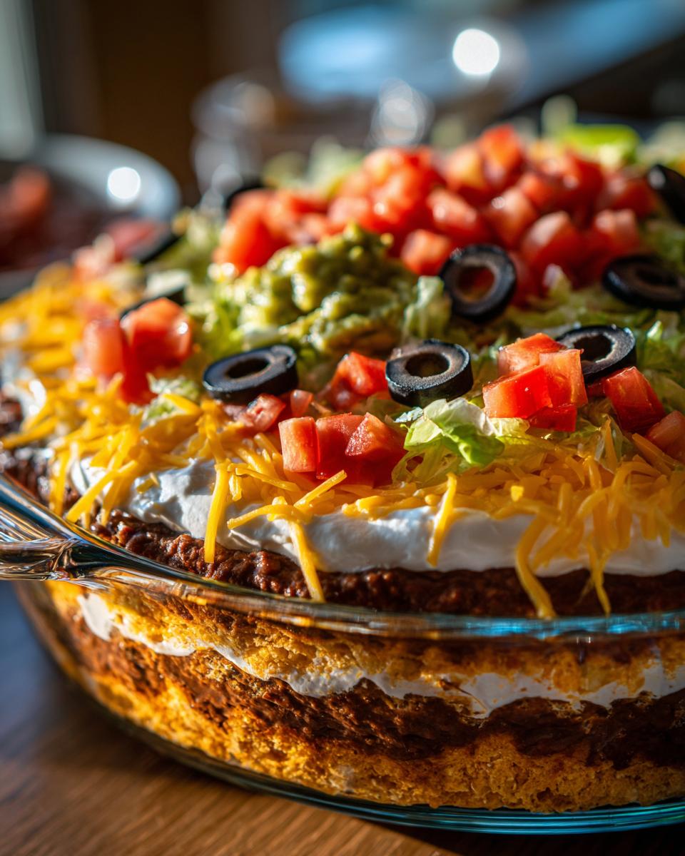 Close-up view of a fully assembled Seven layer dip in a clear glass dish, topped with cheese, tomatoes, olives, and guacamole.