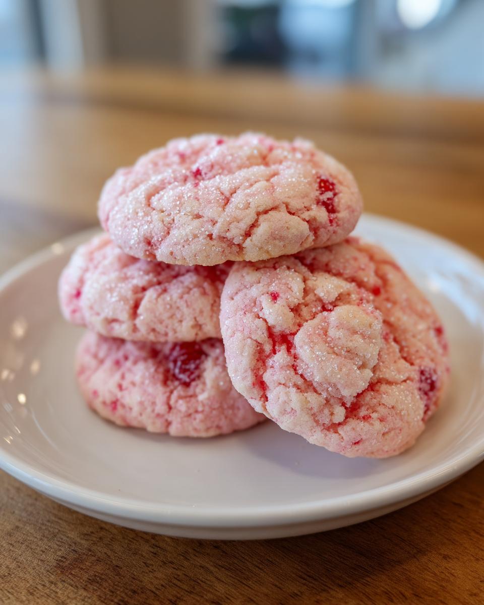 A stack of three pink, crinkly Maraschino cherry sugar cookies coated in sparkling sugar on a white plate.