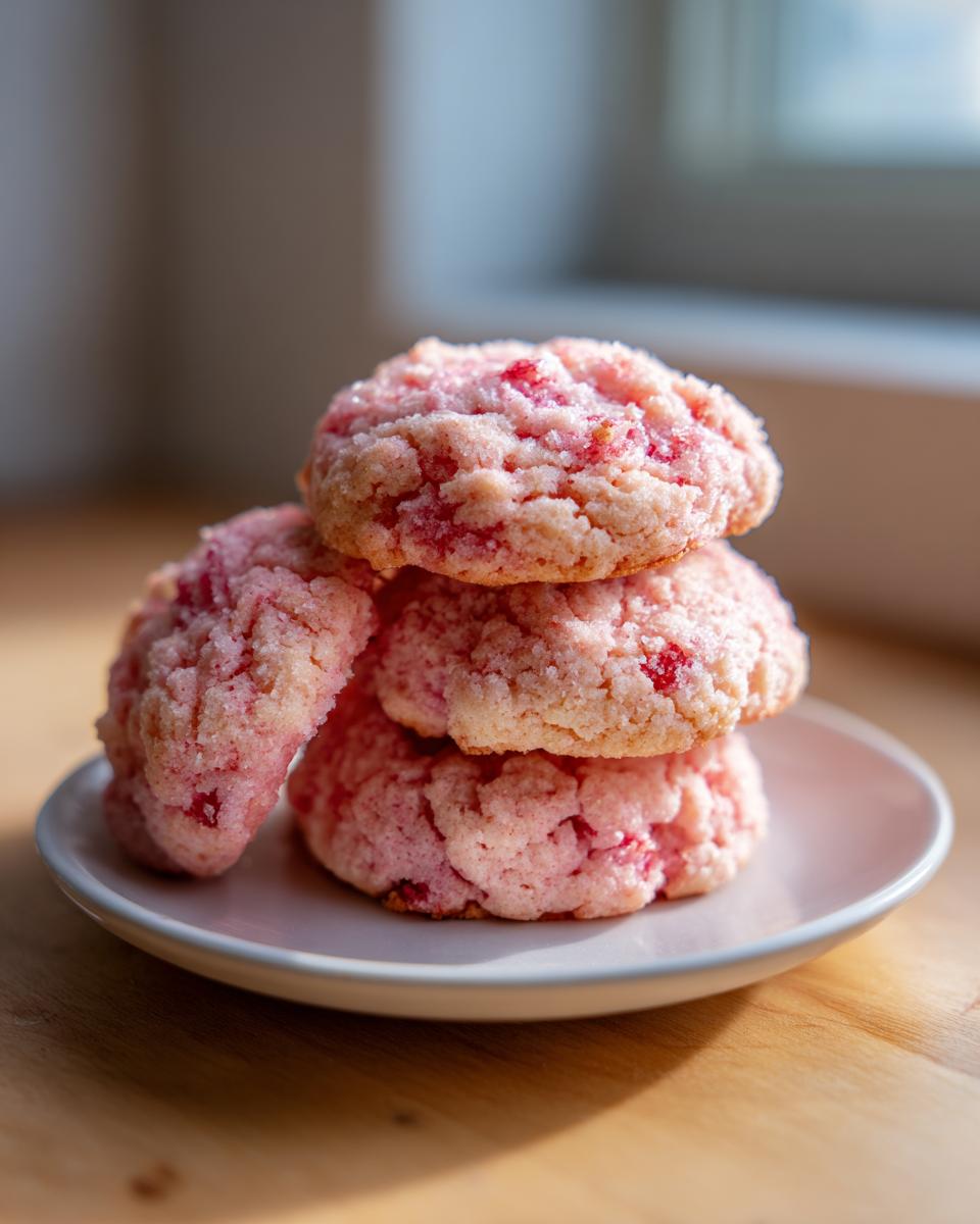 A stack of four soft, pink Maraschino cherry sugar cookies resting on a small white plate.