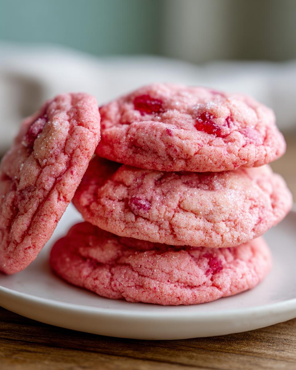 A stack of four soft, pink Maraschino cherry sugar cookies sprinkled with coarse sugar.