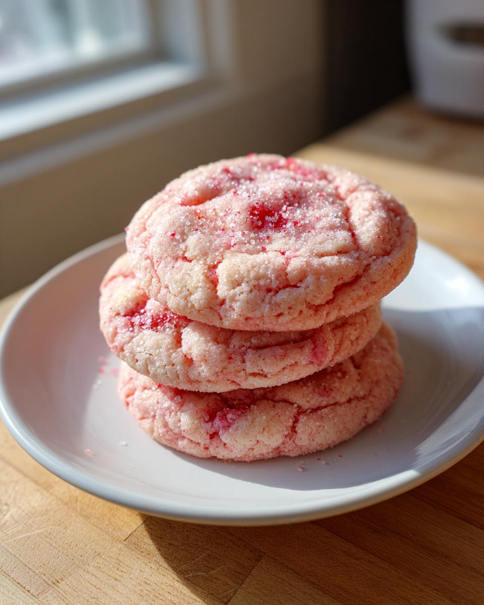 A stack of three soft, pink Maraschino cherry sugar cookies coated in sparkling sugar.