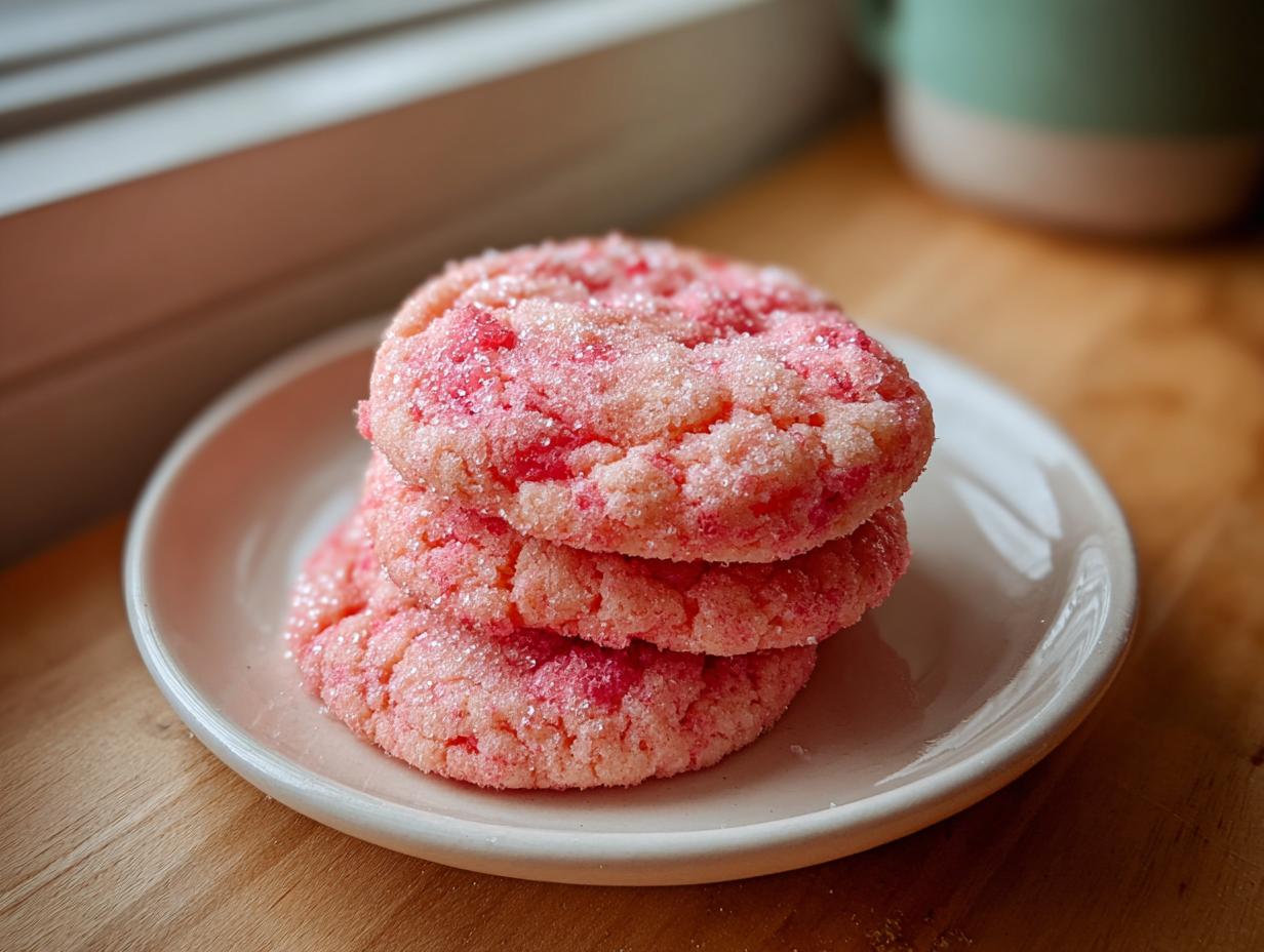Three stacked, bright pink Maraschino cherry sugar cookies covered in sparkling granulated sugar.