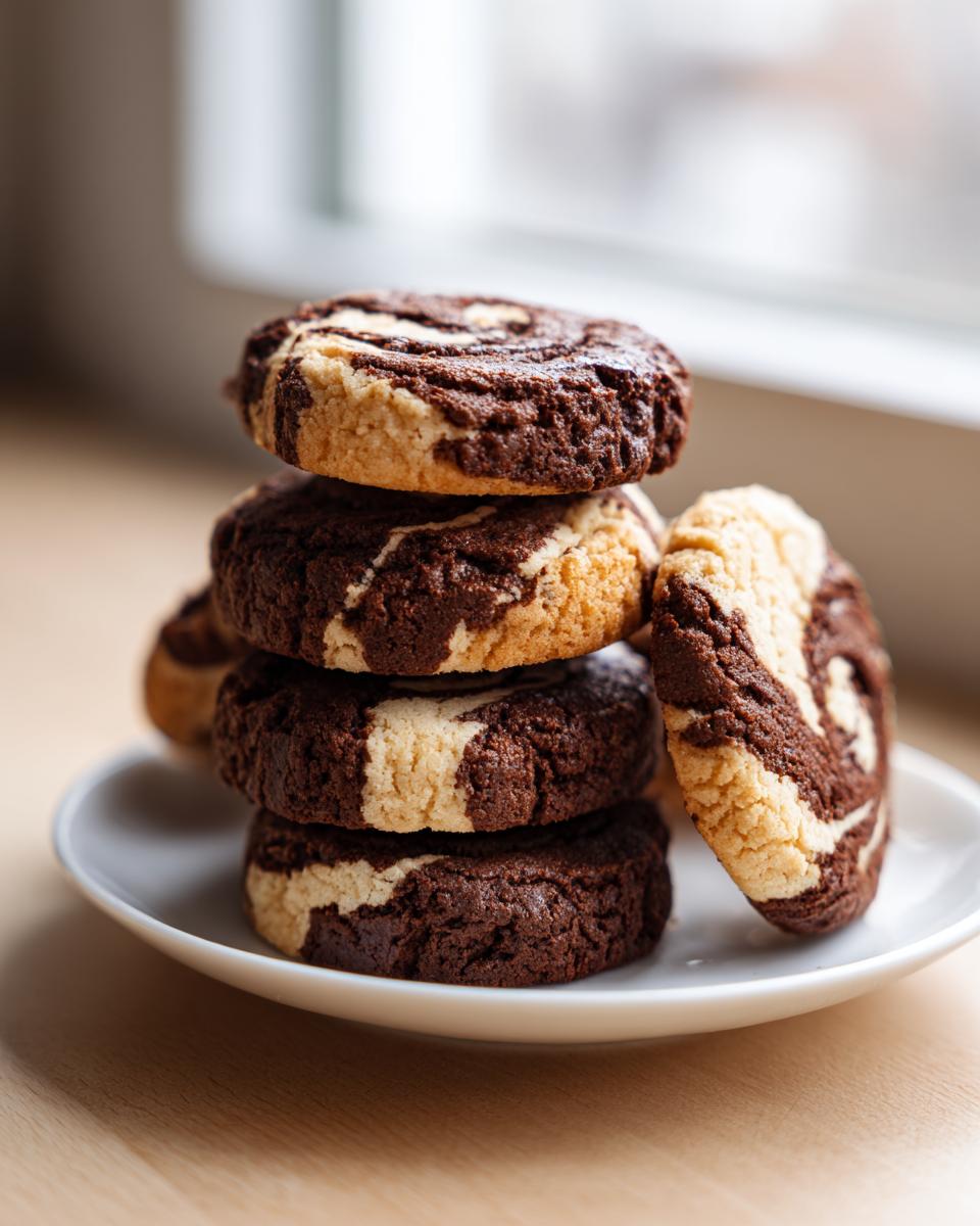 A stack of four delicious, marbled chocolate and vanilla pinwheel cookies on a white plate.
