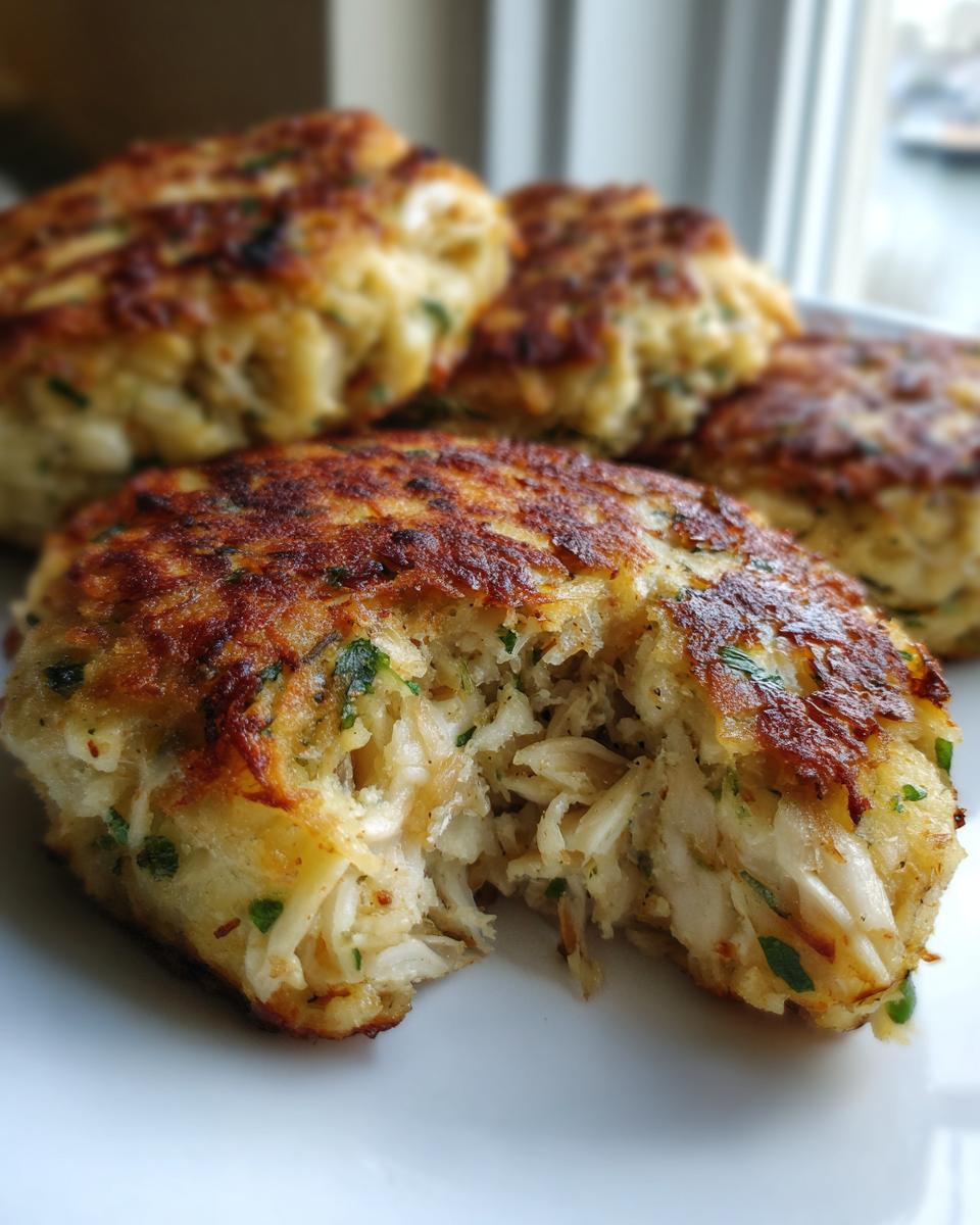 Close-up of a perfectly seared Maryland crab cake with a bite taken out, revealing flaky white crab meat and parsley.