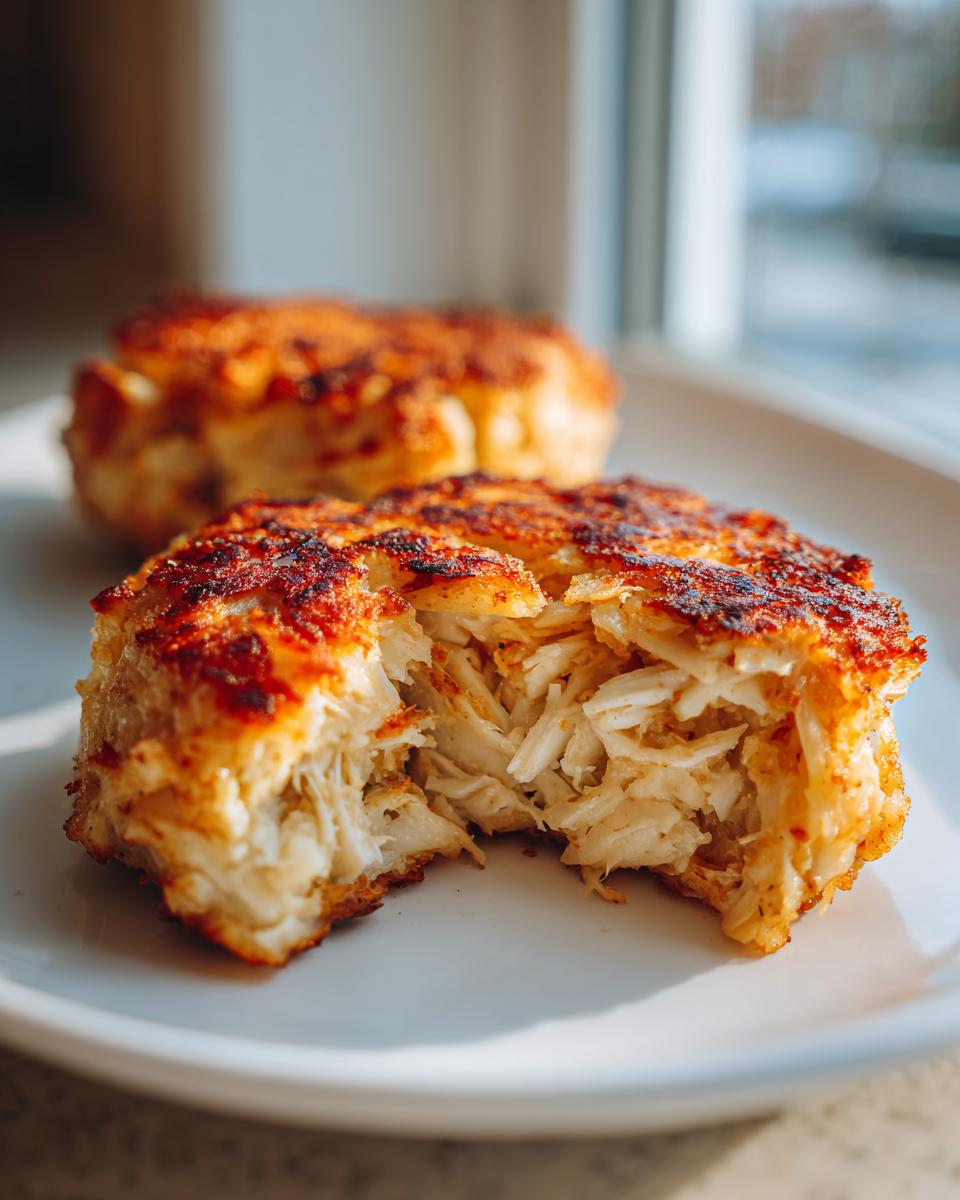 Close-up of a perfectly seared Maryland crab cake broken open, showing large flakes of white crab meat inside.