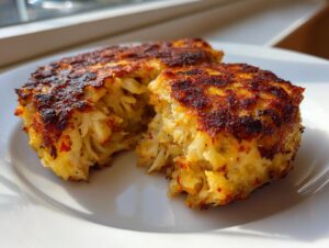 Two perfectly seared Maryland crab cakes, one broken open to show the flaky crab meat inside.