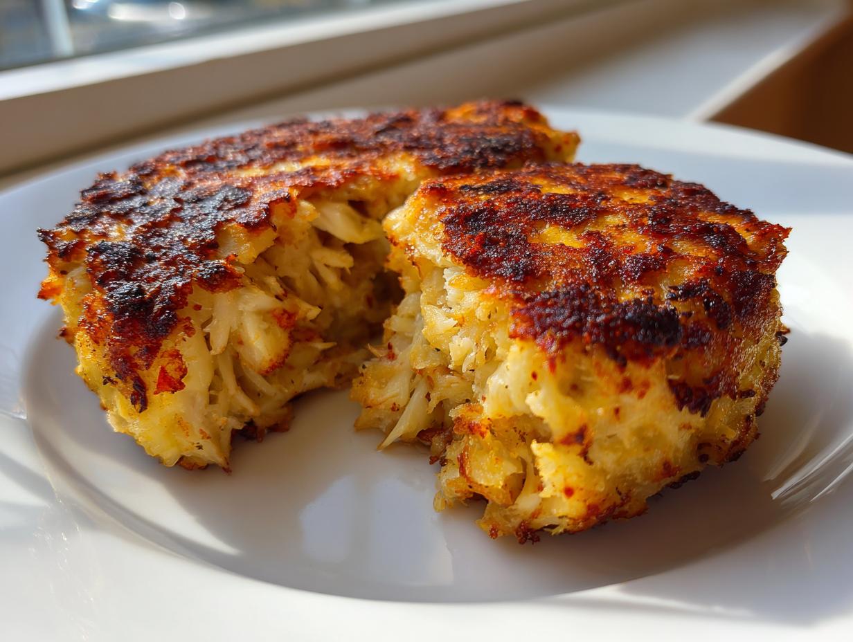 Two perfectly seared Maryland crab cakes, one broken open to show the flaky crab meat inside.