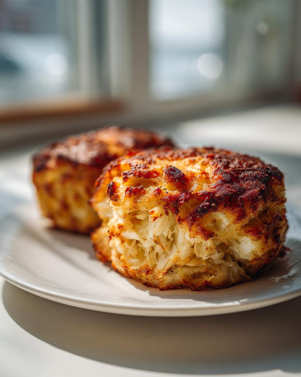 Close-up of two golden-brown, jumbo lump Maryland crab cakes served on a white plate.