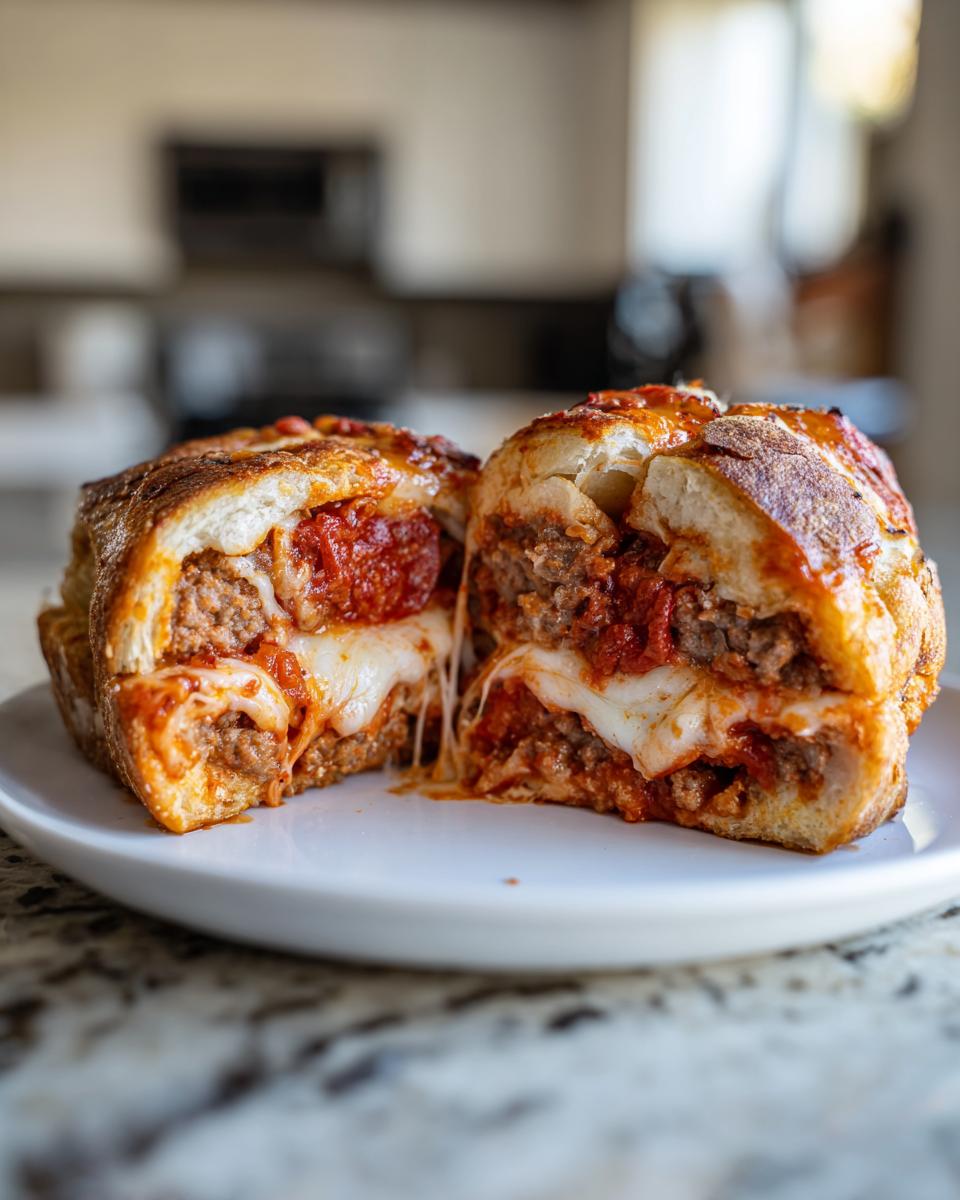 Close-up of delicious garbage bread cut in half, showing melted mozzarella, meatballs, and marinara sauce.
