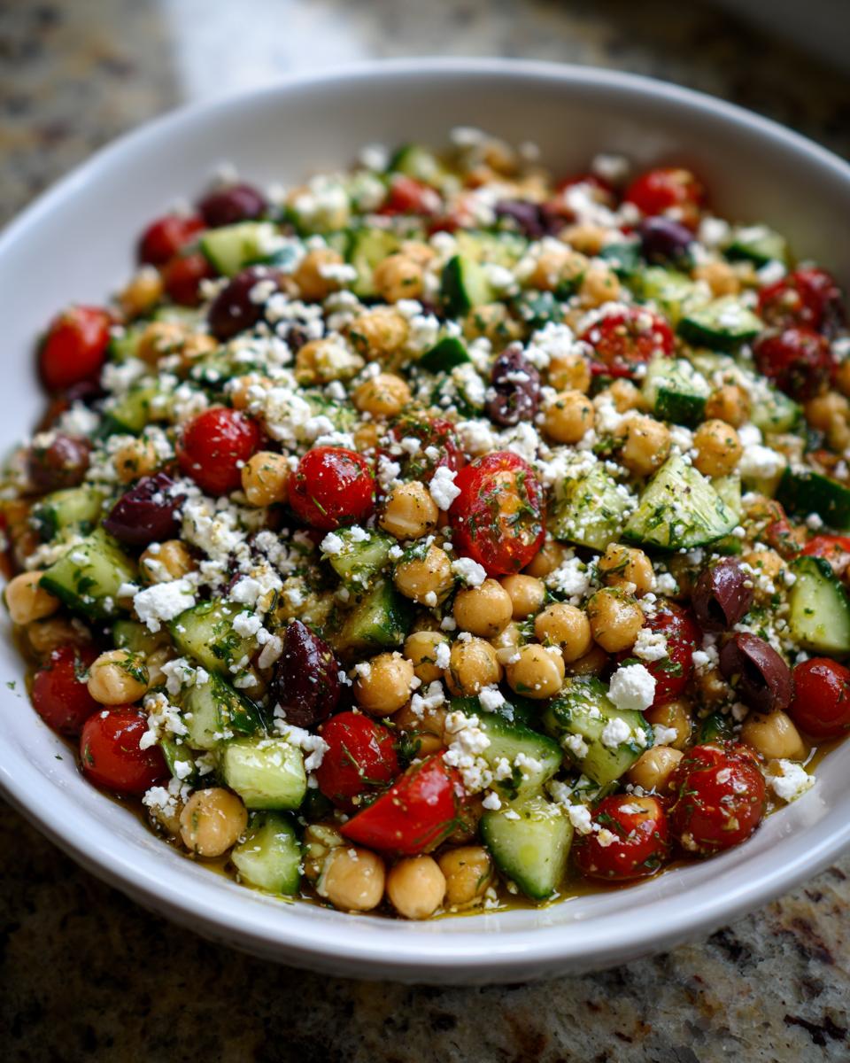 A vibrant bowl of mediterranean chickpea salad featuring chickpeas, cherry tomatoes, cucumbers, olives, and feta cheese.
