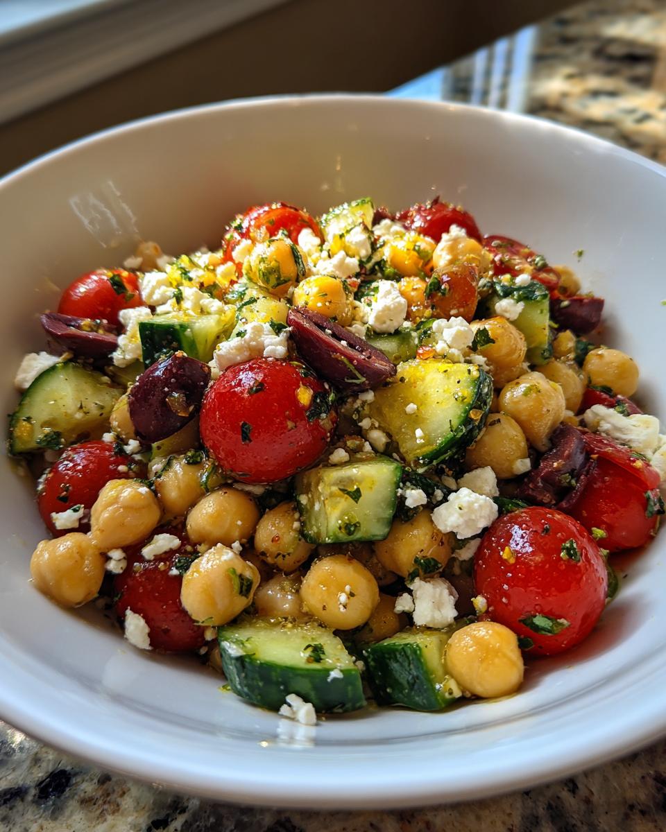 Close-up of a bright mediterranean chickpea salad featuring chickpeas, cherry tomatoes, cucumbers, feta, and olives.