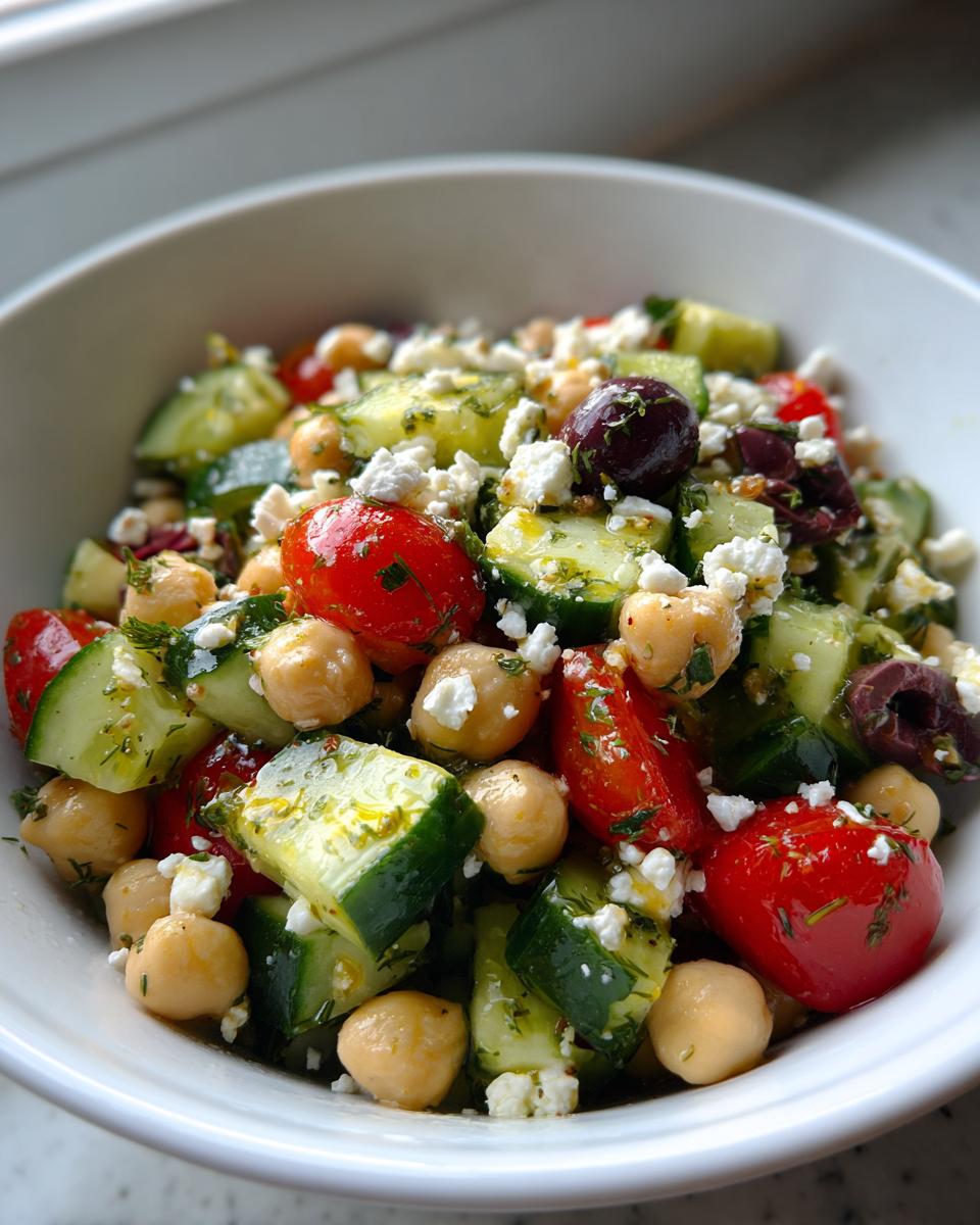 Close-up of vibrant mediterranean chickpea salad featuring chickpeas, cucumbers, tomatoes, feta, and olives in a white bowl.