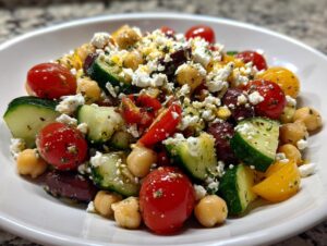 Close-up of a fresh mediterranean chickpea salad featuring chickpeas, cucumbers, tomatoes, olives, and feta cheese.