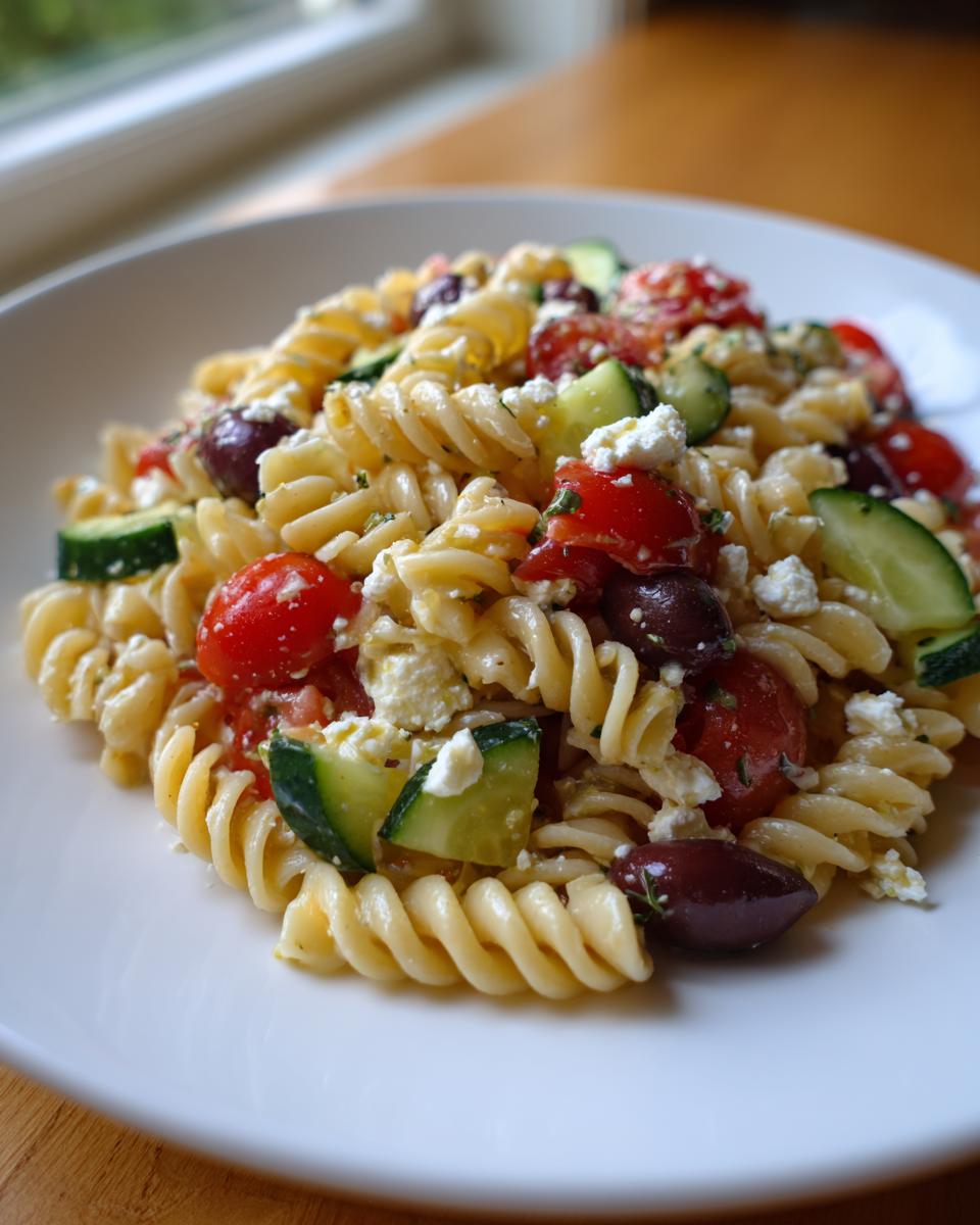 A bowl of vibrant mediterranean pasta salad featuring fusilli, cucumber, tomatoes, kalamata olives, and feta cheese.