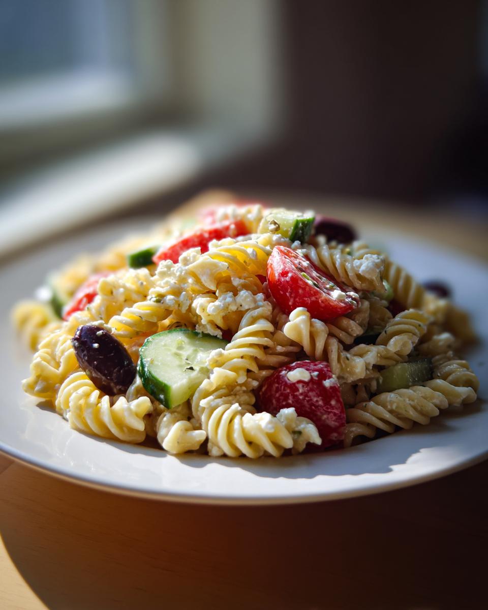 Close-up of a serving of mediterranean pasta salad featuring rotini pasta, cucumber, tomatoes, olives, and feta cheese.