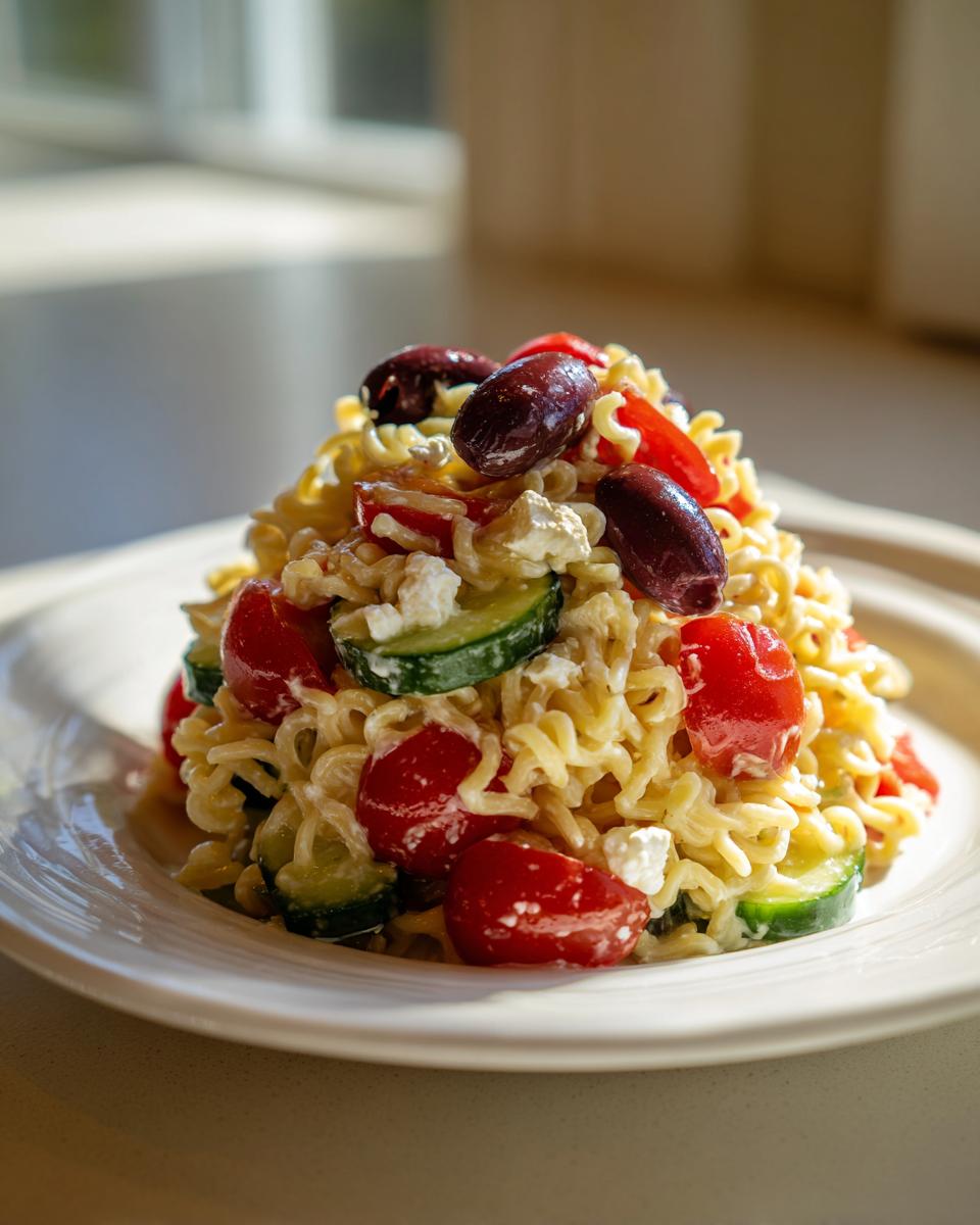 A mound of creamy mediterranean pasta salad featuring rotini pasta, cherry tomatoes, cucumbers, feta, and Kalamata olives.