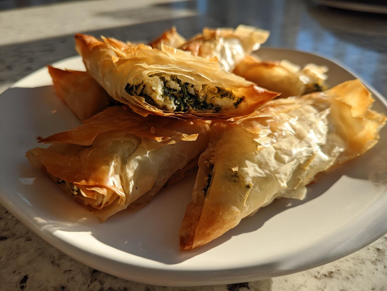 Close-up of golden, flaky Mediterranean Spinach and Feta Cheese Crisps stacked on a white plate.