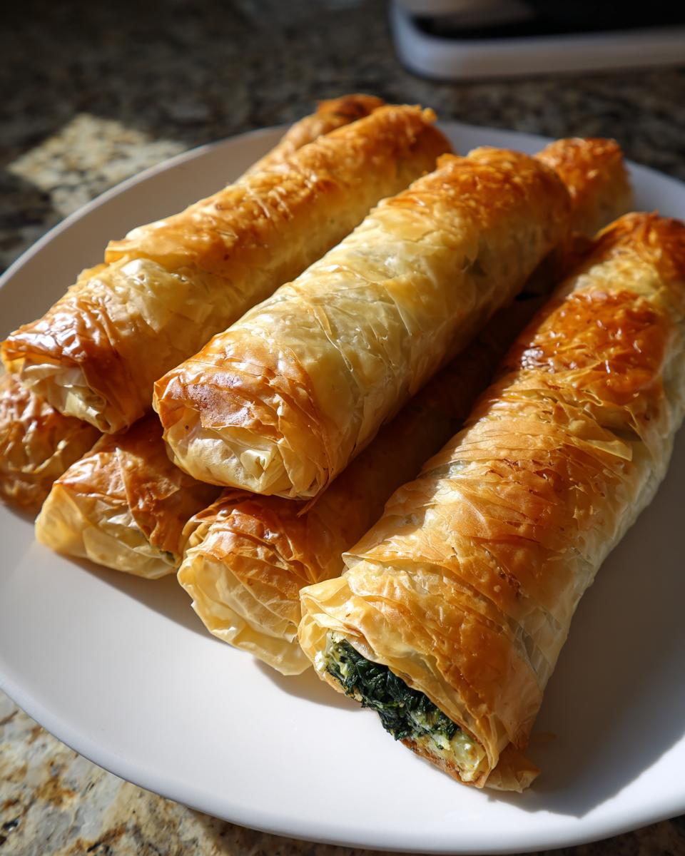 Close-up of golden, crispy Mediterranean Spinach and Feta Cheese Crisps rolls stacked on a white plate.