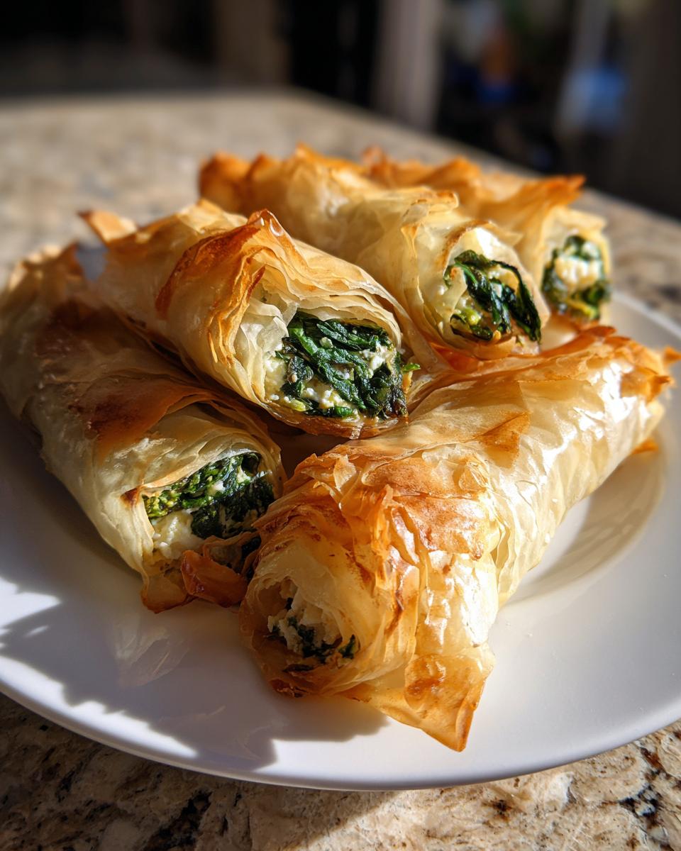 Close-up of crispy, golden Mediterranean Spinach and Feta Cheese Crisps rolls stacked on a white plate.