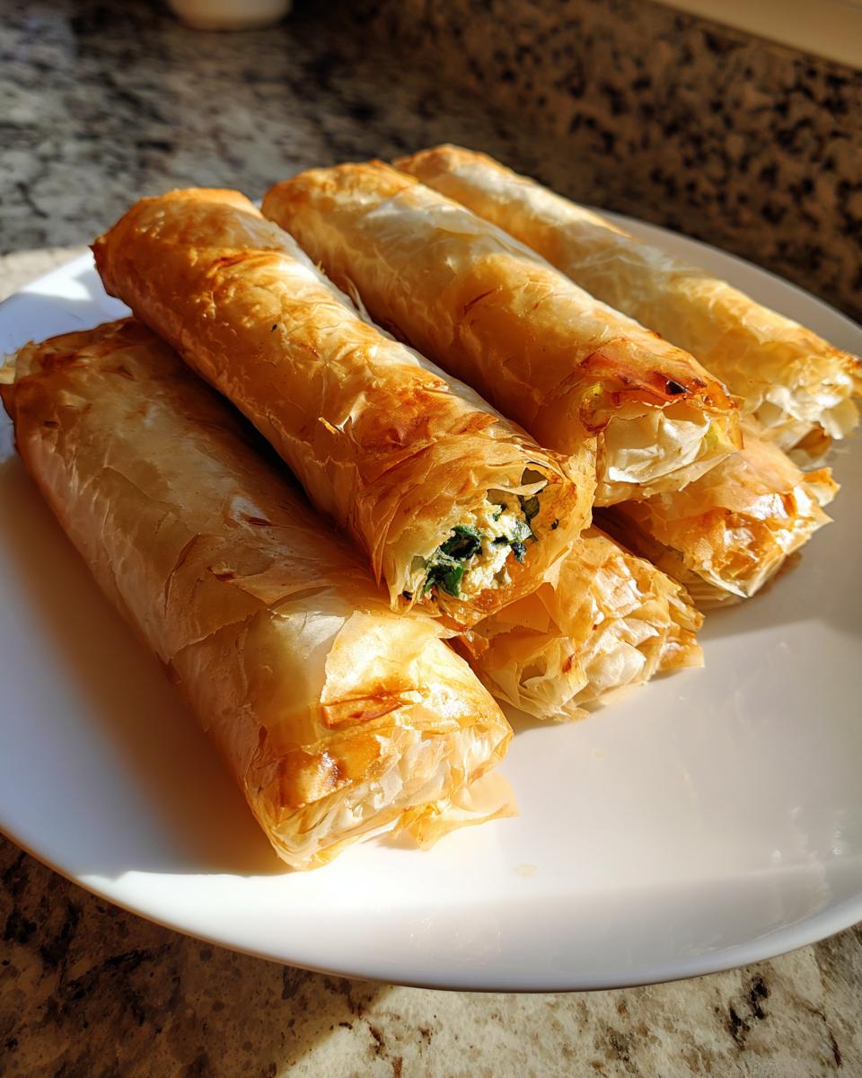 Golden brown, crispy rolls of Mediterranean Spinach and Feta Cheese Crisps stacked on a white plate.