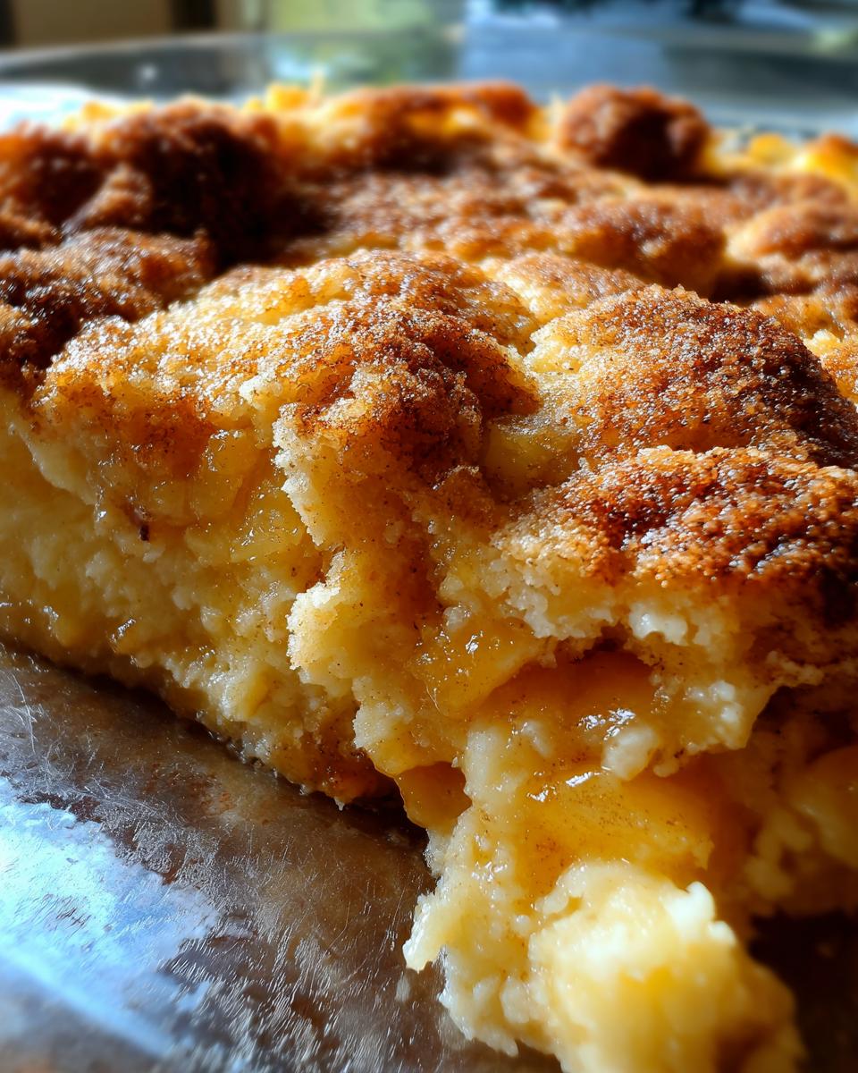 A close-up, macro shot showing a scoop taken out of a warm apple cobbler, revealing soft cake and gooey filling.