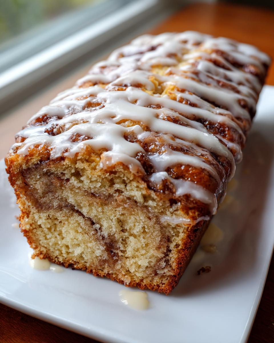 A loaf of moist apple fritter bread, sliced to show the cinnamon swirl, topped with a thick white glaze.