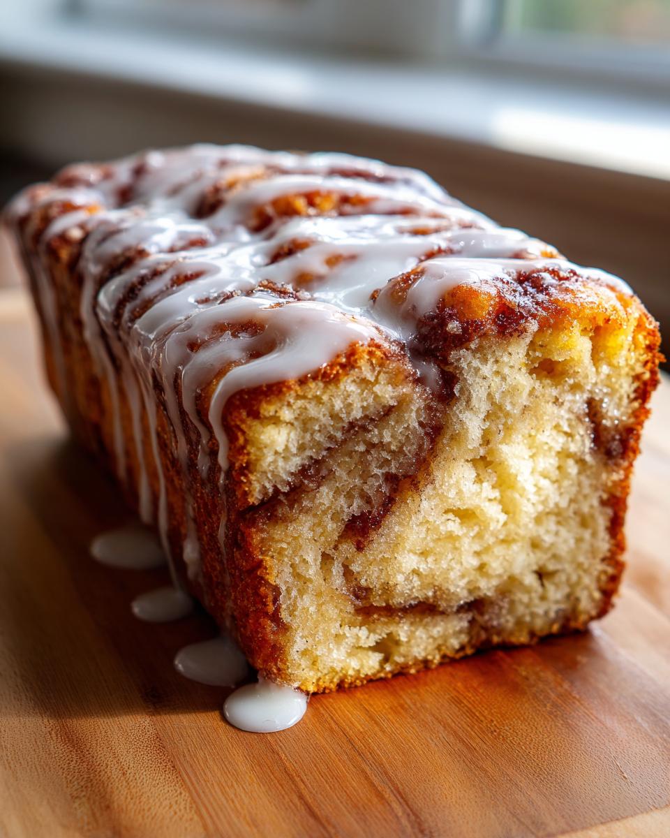 A moist apple fritter bread loaf drizzled heavily with white vanilla glaze, sitting on a wooden cutting board.