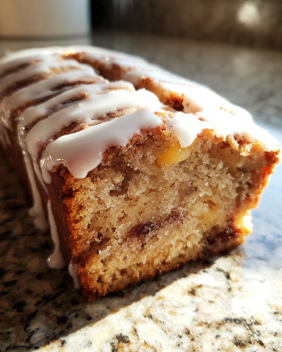 A close-up, cross-section view of moist apple fritter bread drizzled with white icing.