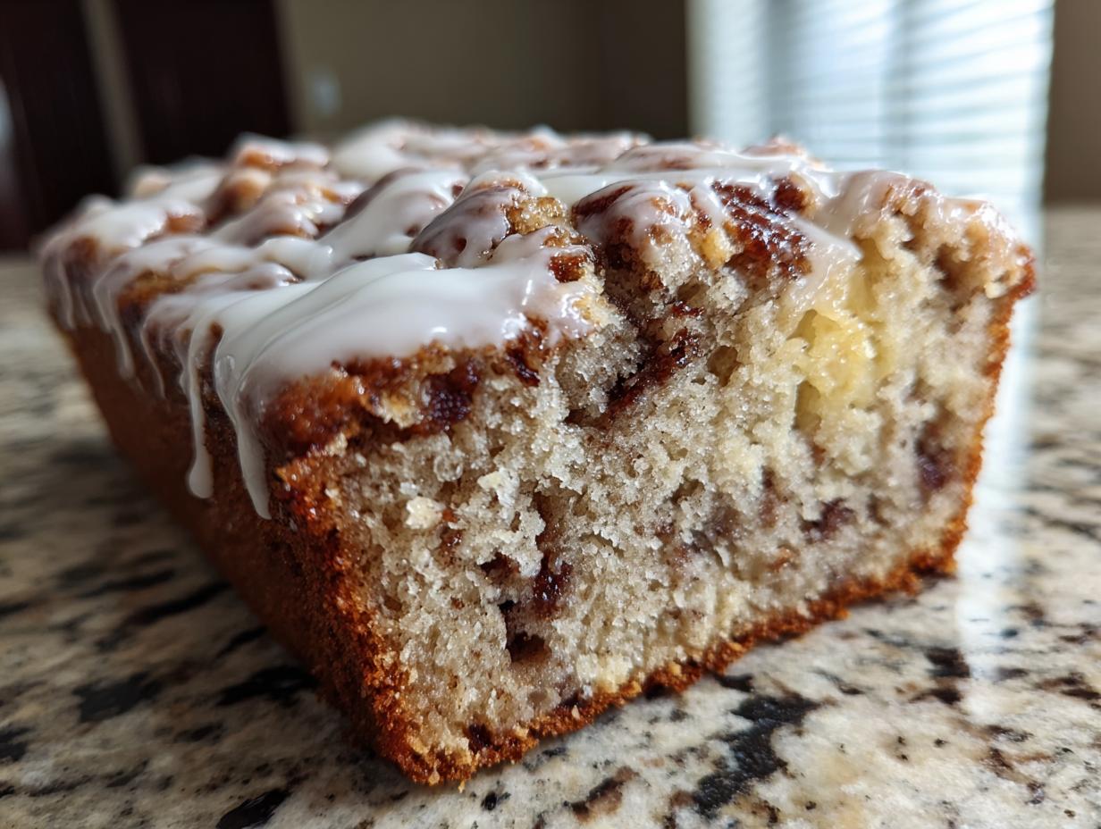 Close-up of a slice of moist apple fritter bread showing the crumb texture and drizzled with white icing.