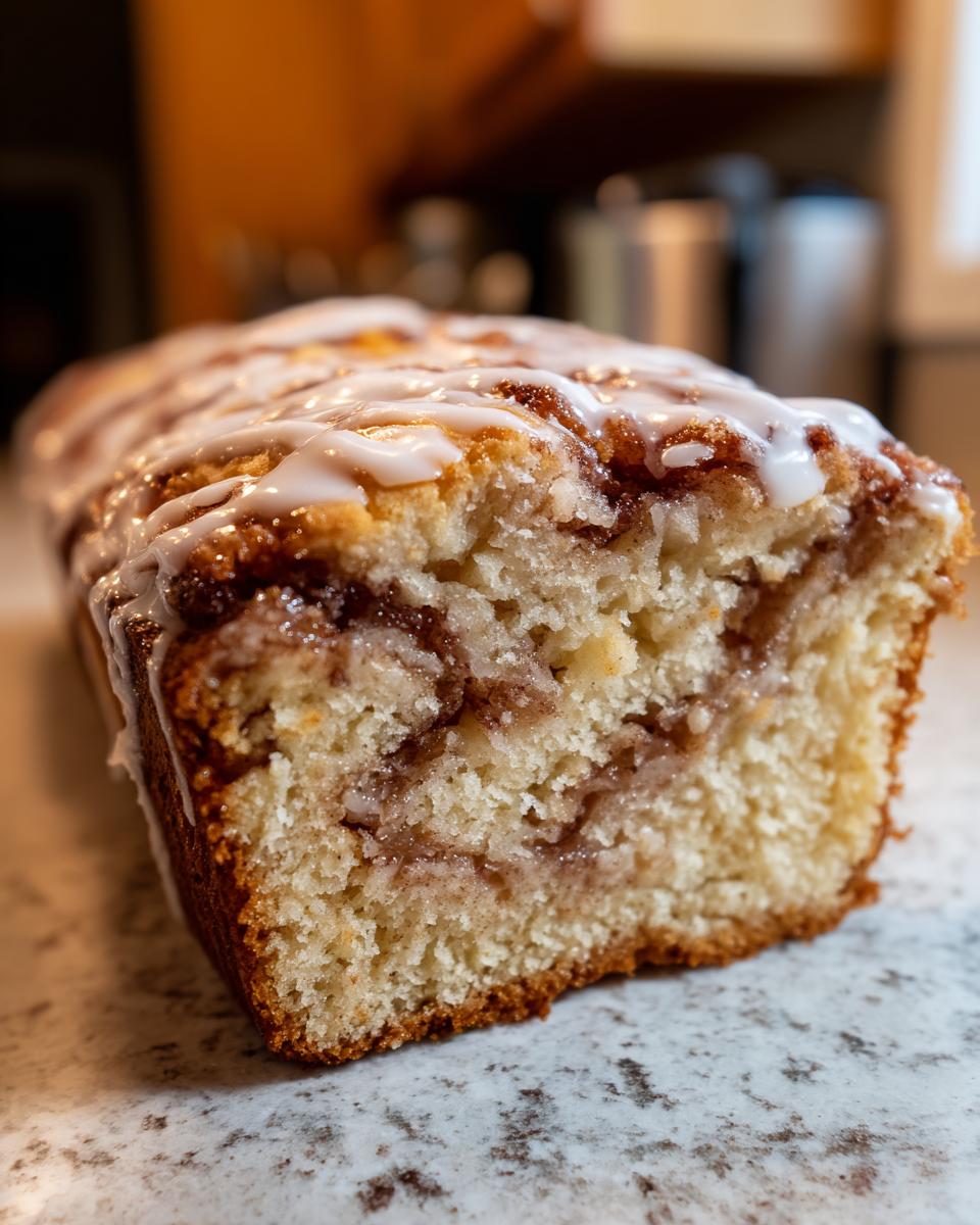 Close-up of a moist slice of apple fritter bread showing cinnamon swirl and white glaze topping.