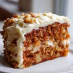 Close-up of a moist slice of apple spice cake topped with thick cream cheese frosting and walnuts.