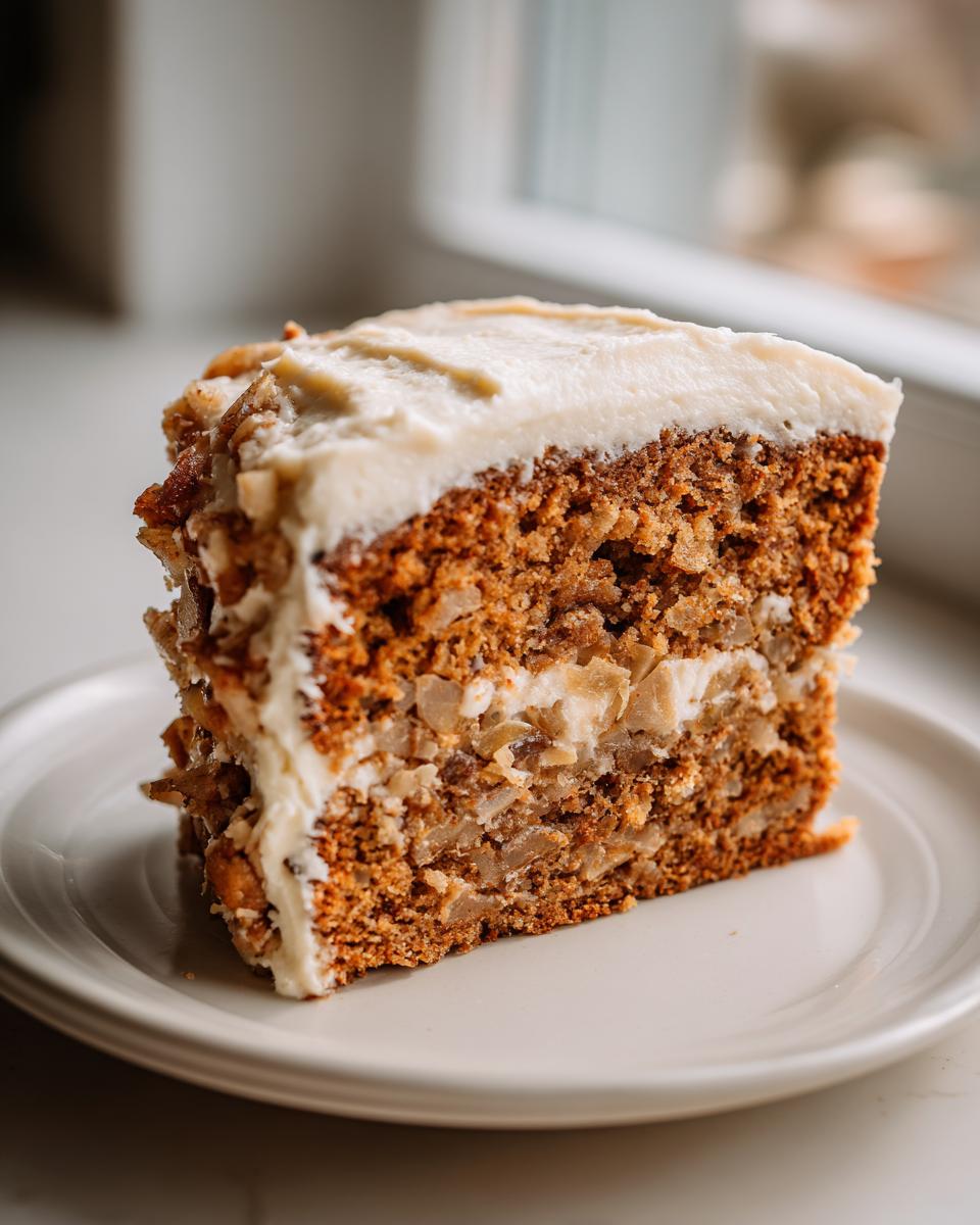 A tall, moist slice of apple spice cake layered with filling and topped with thick cream cheese frosting.
