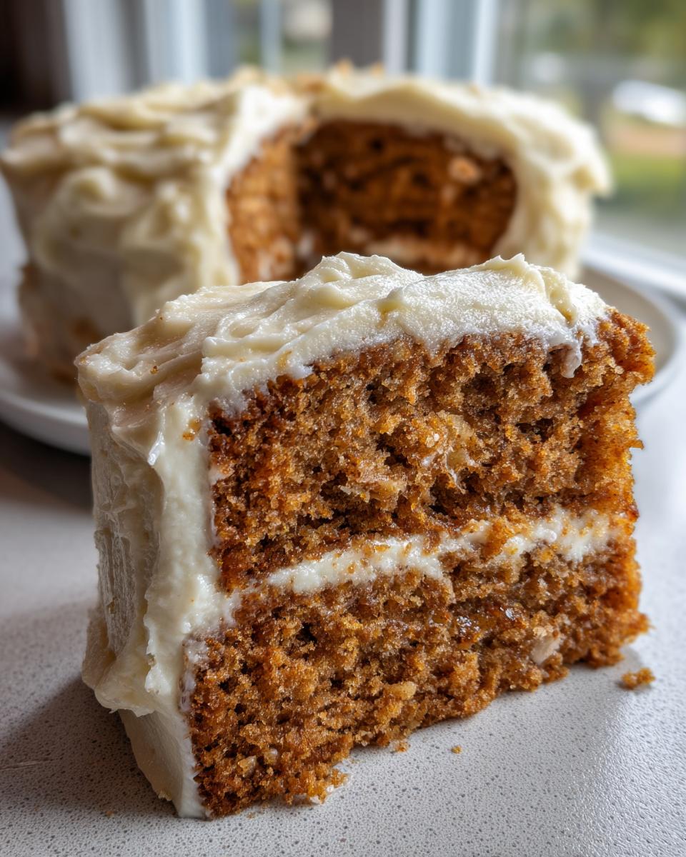 Close-up of a moist slice of apple spice cake layered with thick cream cheese frosting.