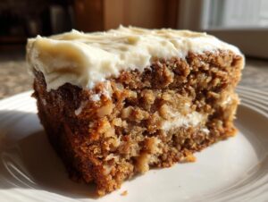 Close-up of a moist slice of apple spice cake topped with thick cream cheese frosting, showcasing nuts in the crumb.