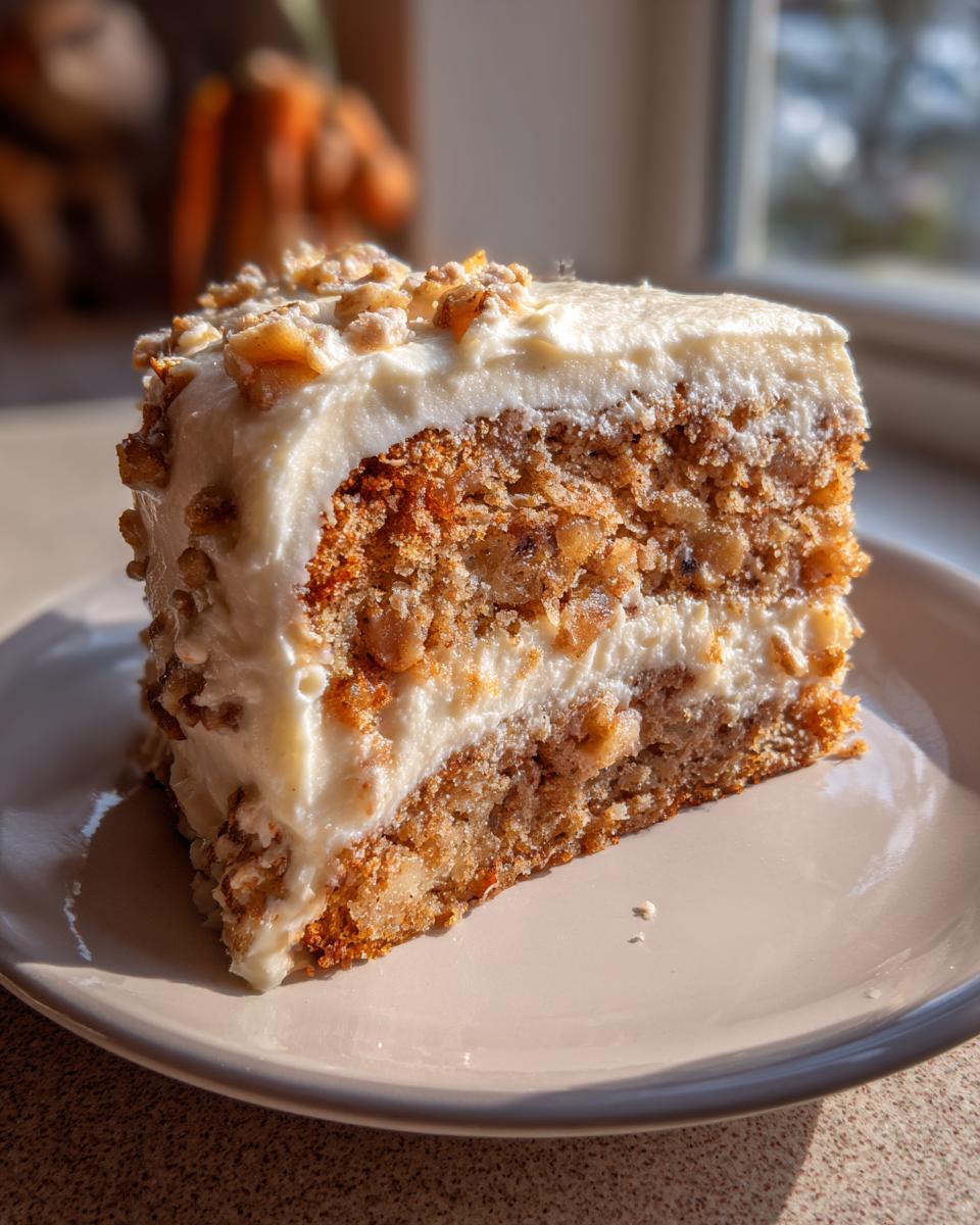 A thick slice of moist apple spice cake layered with cream cheese frosting and topped with walnuts.