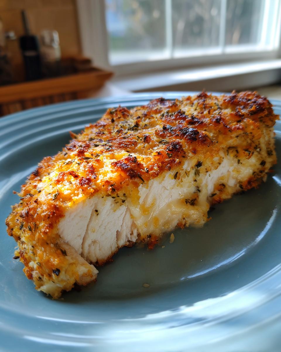 A close-up of a juicy piece of baked ranch chicken, showing the white interior and crispy, cheesy topping.