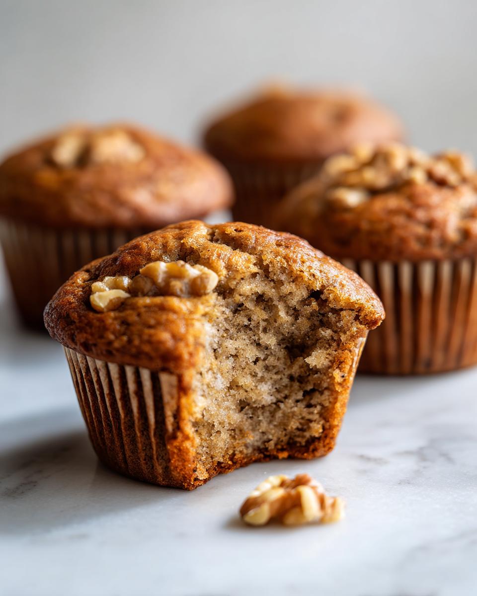 A close-up of a delicious banana nut muffin with a bite taken out, showing the moist interior and a walnut on top.