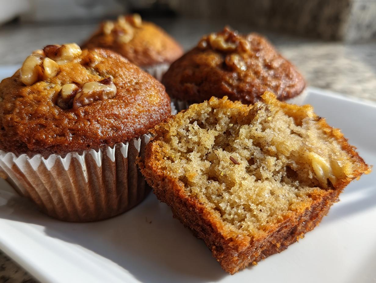 A close-up of moist banana nut muffins, one cut open showing the texture and banana pieces inside.