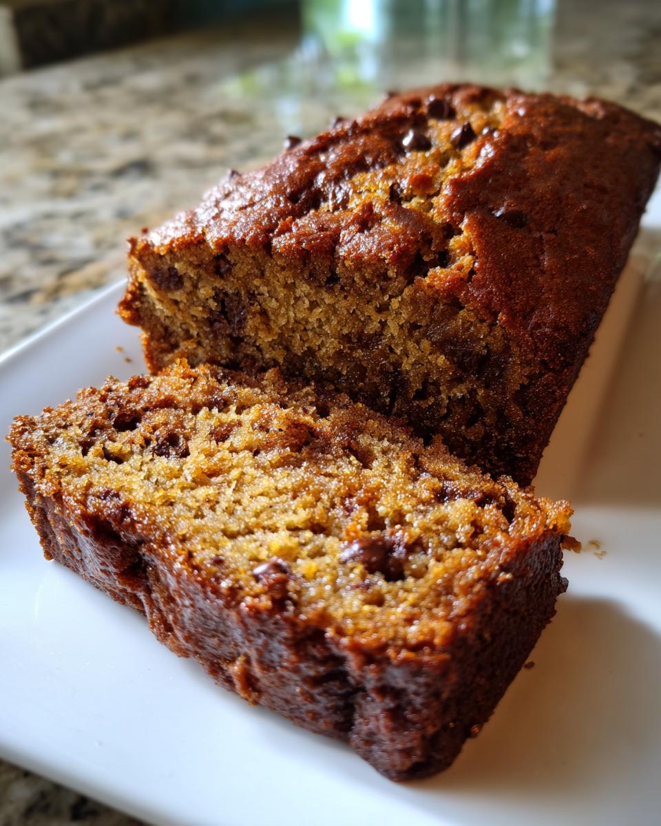 Close-up of a moist, sliced mini banana bread loaf studded with chocolate chips.