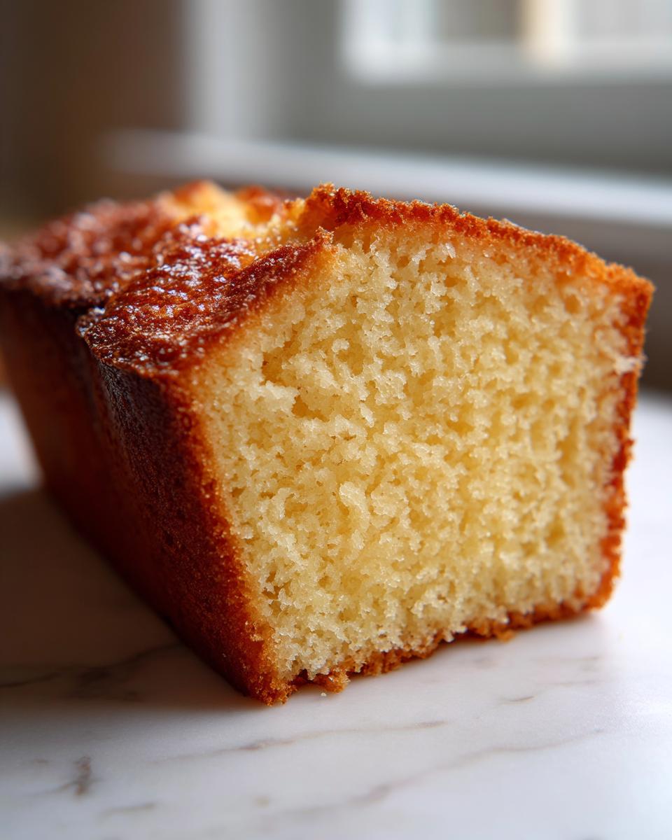 Close-up of the moist, tight crumb texture of a slice of cream cheese pound cake.